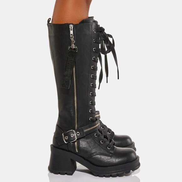 Bratty Block Heel Lace Up Punk Goth Biker Knee Boots - Picture 15 of 15
